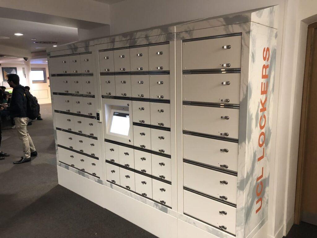 iLockerz Smart Locker Systems installed at UCL (University College London) providing secure personal item storage for students and staff.