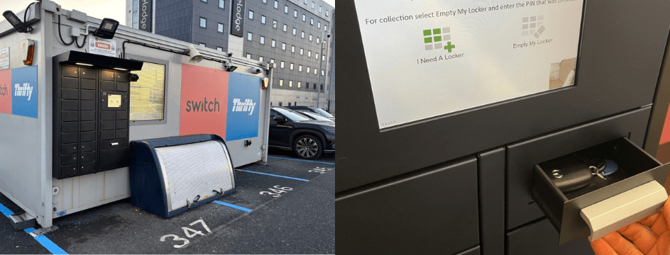 A composite image showing an outdoor iLockerz key management system at a Thrifty Car Rental hub, alongside a close-up of the automated drawer opening to provide a customer with vehicle keys via a secure PIN code.