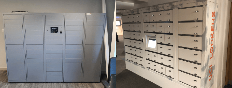 A composite image showcasing two personal item storage locker installations: a versatile grey iLockerz intelligent locker bank with varied-size compartments, alongside a fully customised unit with high-density storage, and personalised UCL LOCKERS branding.